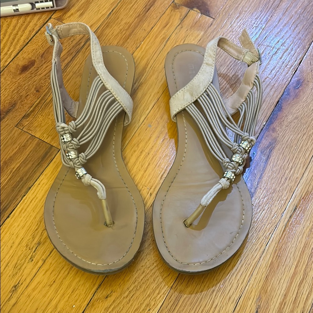 Madden Girl Tan and Pink Sandals with Thin Straps and Ankle Closure